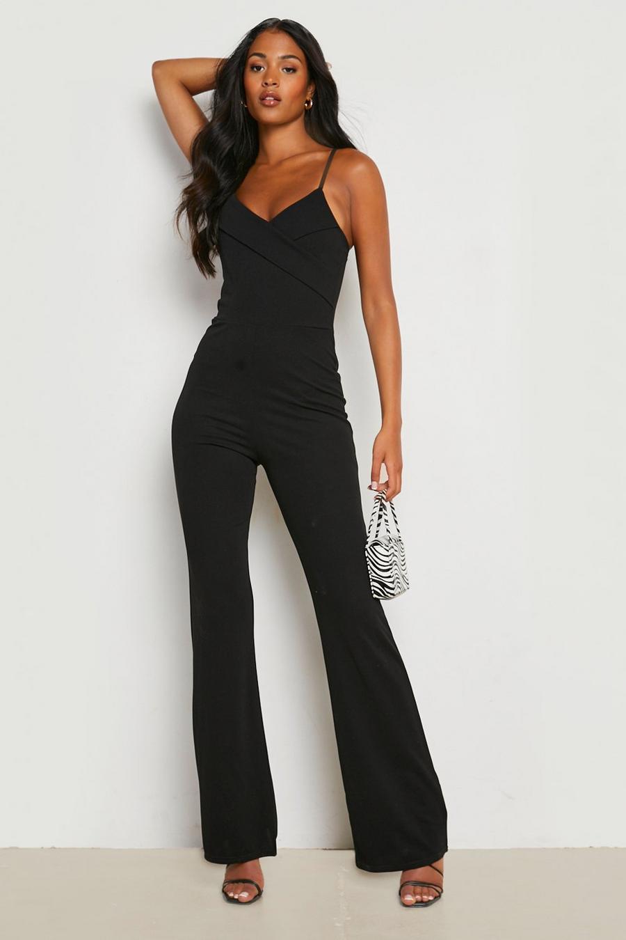 Black Tall Strappy Lapel Detail Flare Jumpsuit image number 1