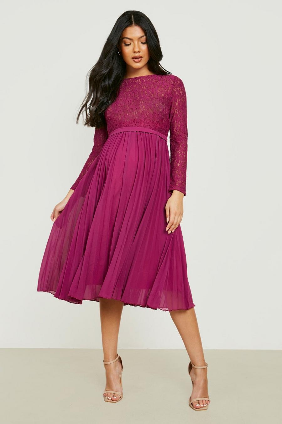 Berry Maternity Lace Pleated Midi Dress image number 1