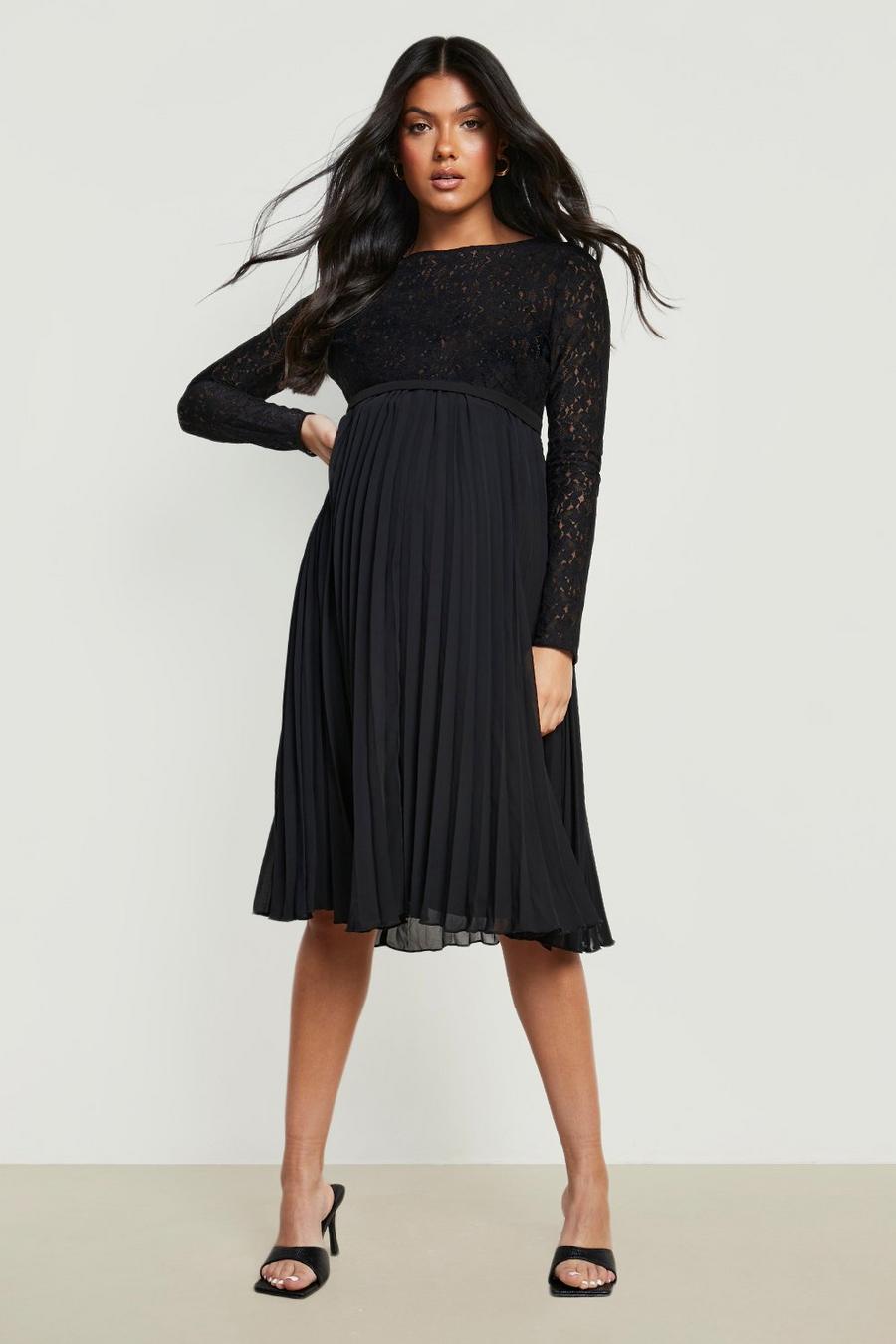 Black Maternity Lace Pleated Midi Dress