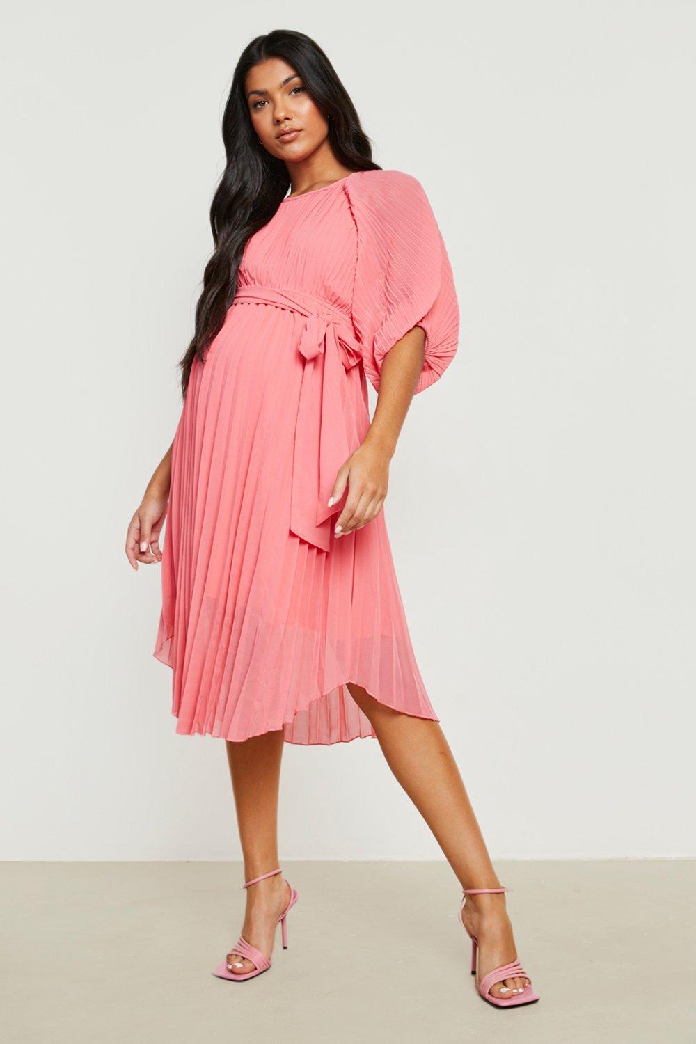 Maternity Pleated Puff Sleeve Midi Dress