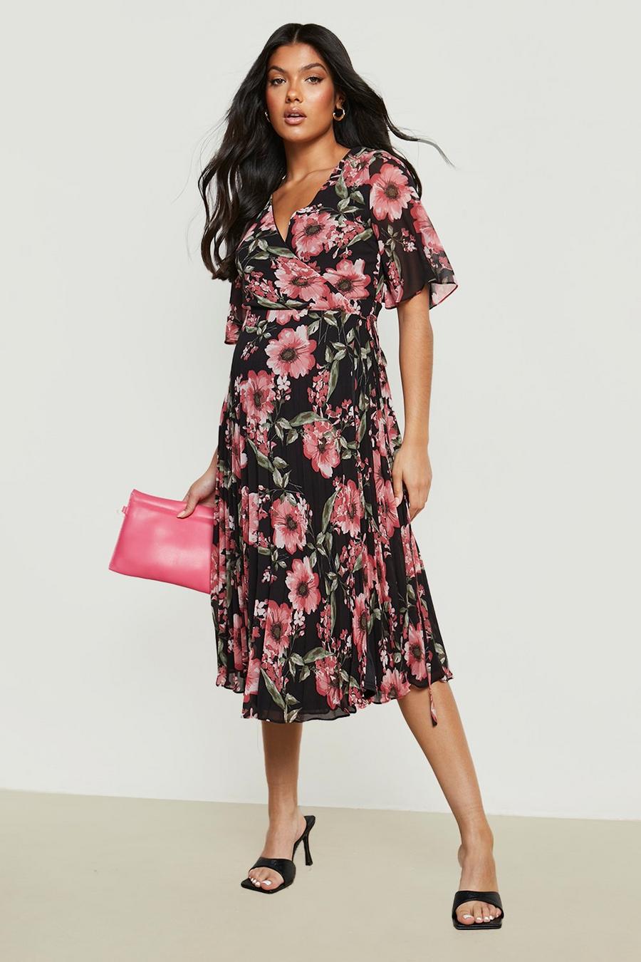 Black Maternity Occasion Floral Pleated Midi Dress image number 1