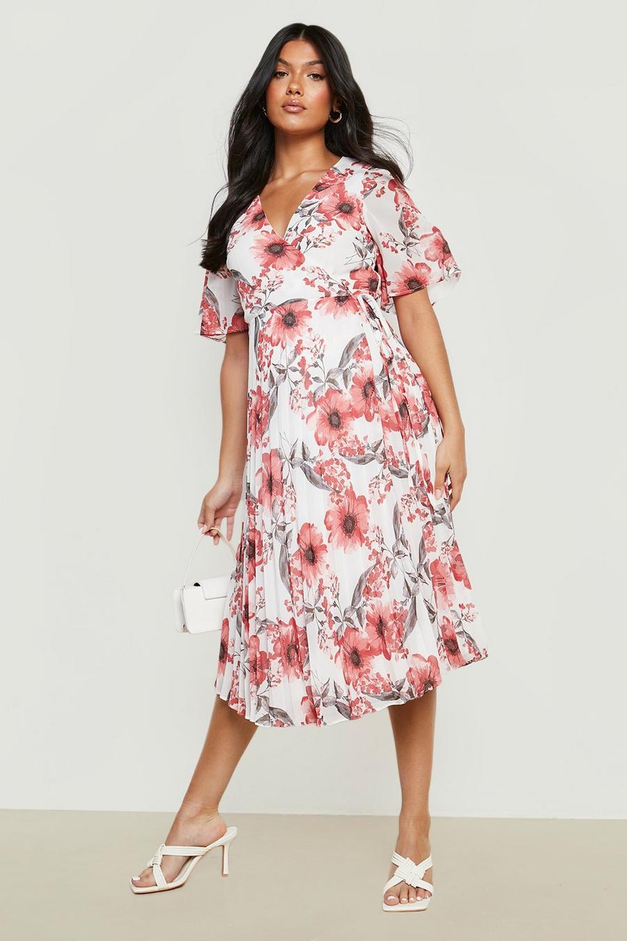Pink Maternity Occasion Floral Pleated Midi Dress