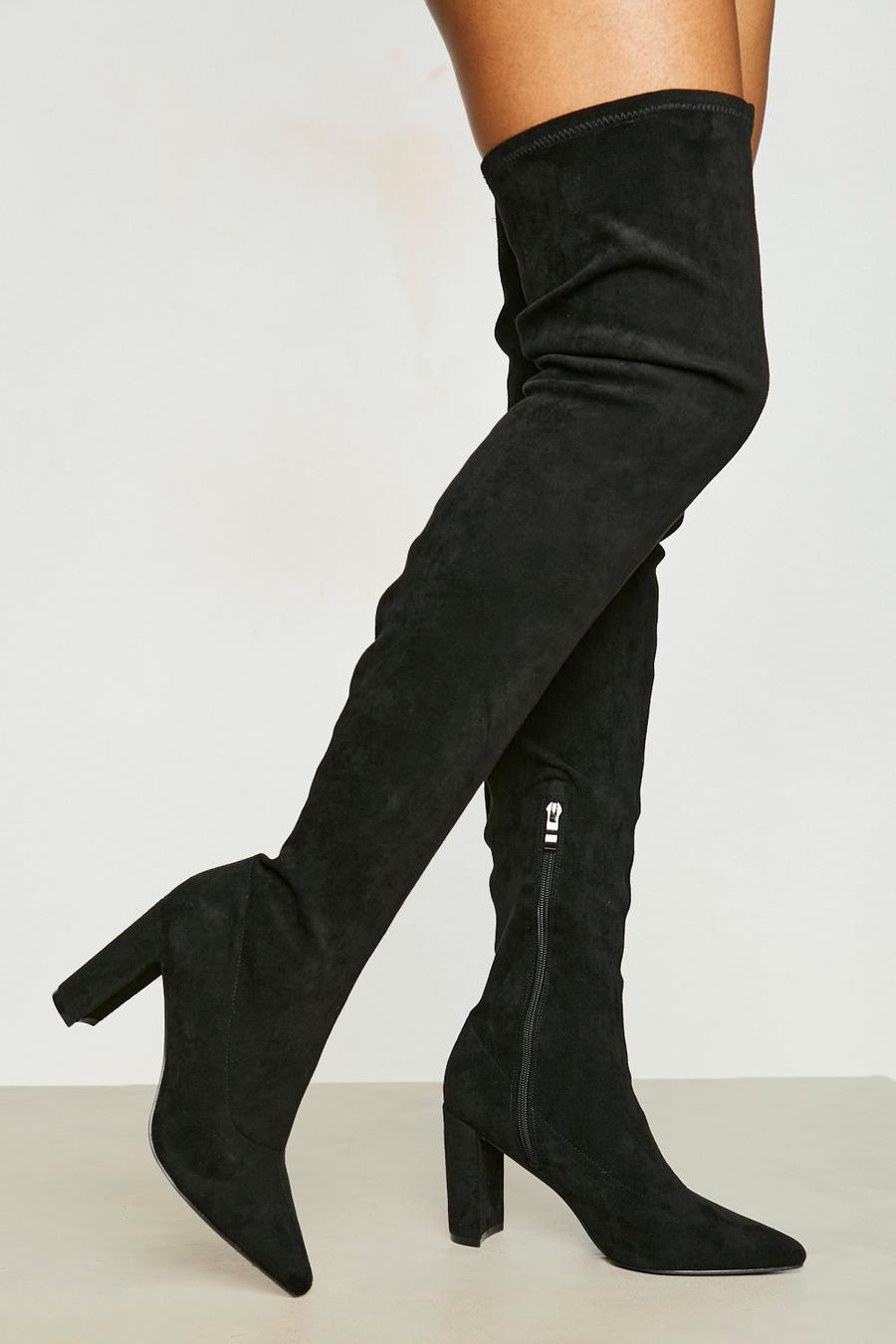 Stivali sopra il ginocchio a punta a calzata ampia con tacco a blocco, Black image number 1