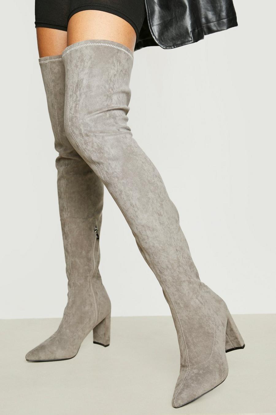 Grey Wide Fit Block Over The Knee Pointed Boot image number 1