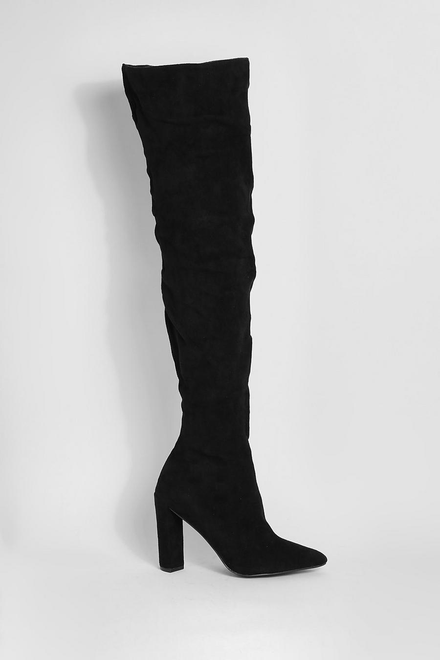 Black Wide Fit Over The Knee Heel Pointed Boots image number 1