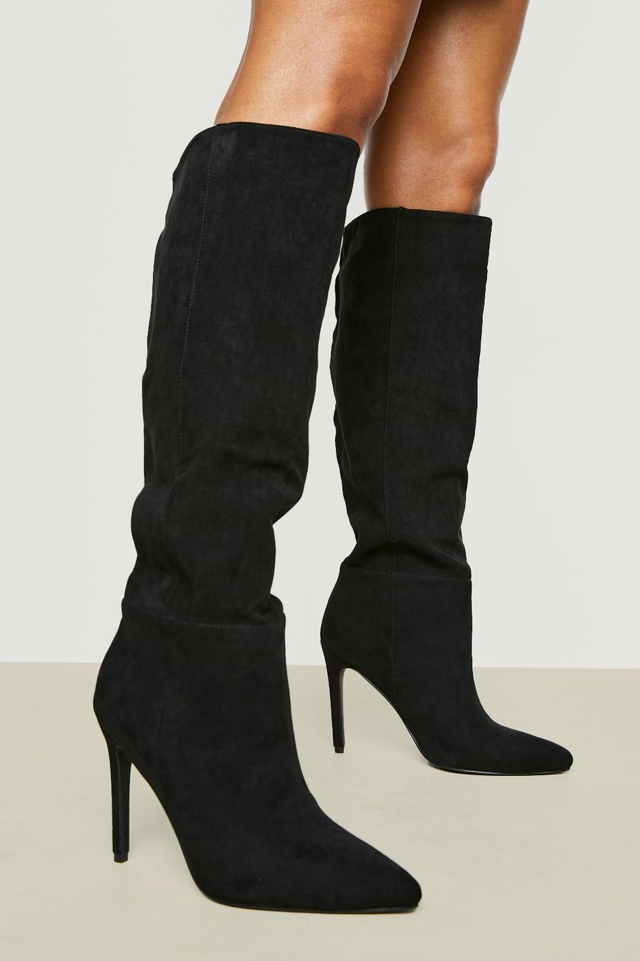 Black Pointed Knee High Stiletto Heeled Boots image number 1