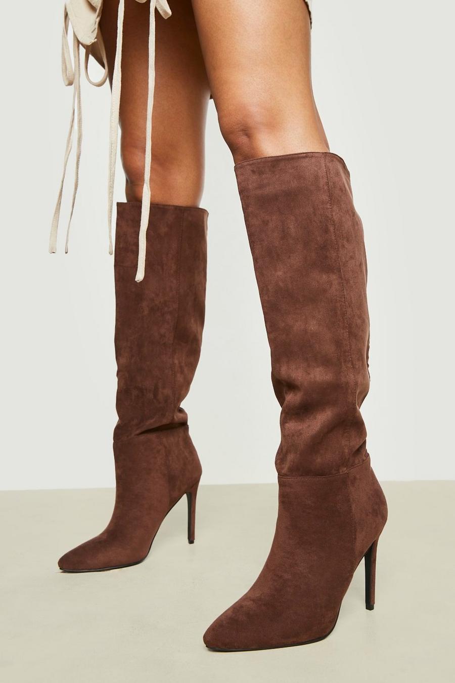 Chocolate marrón Pointed Knee High Stiletto Heeled Boots