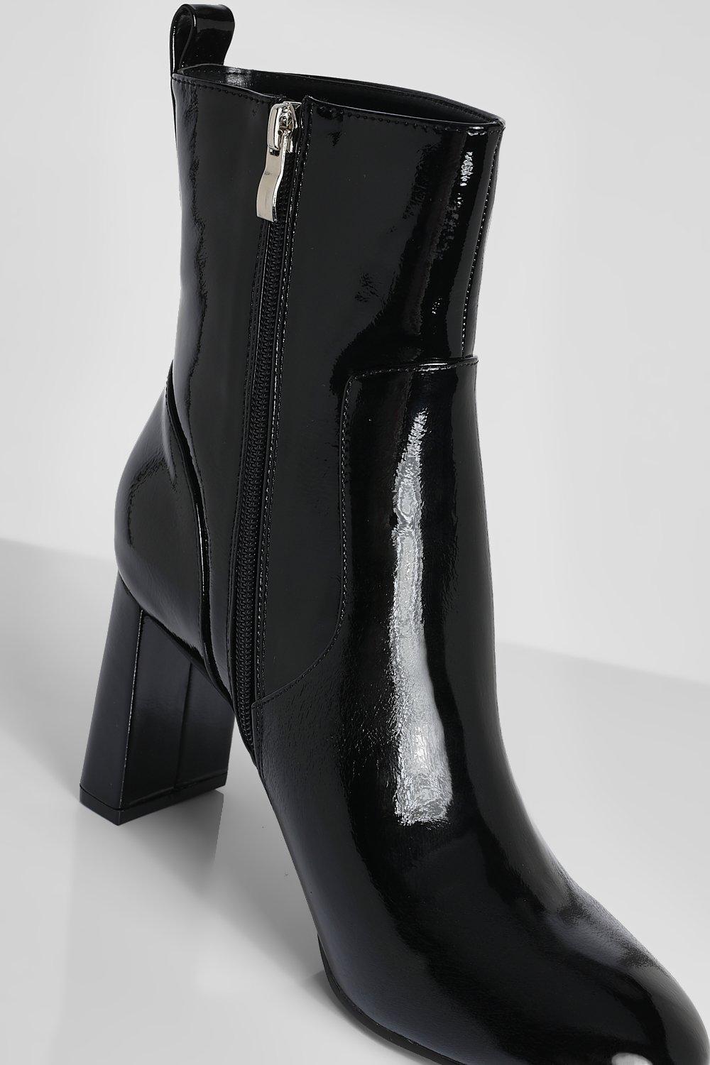 Black patent hotsell flat ankle boots