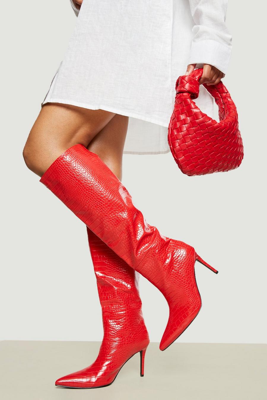 Red Croc Knee High Mid Height Stiletto Boot image number 1