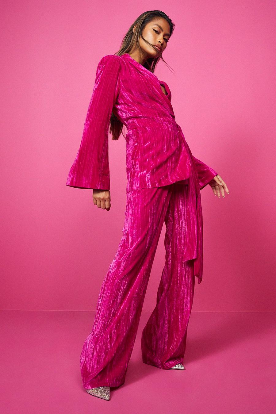 Hot pink Crinkle Velvet Wide Leg Tailored Trousers  image number 1