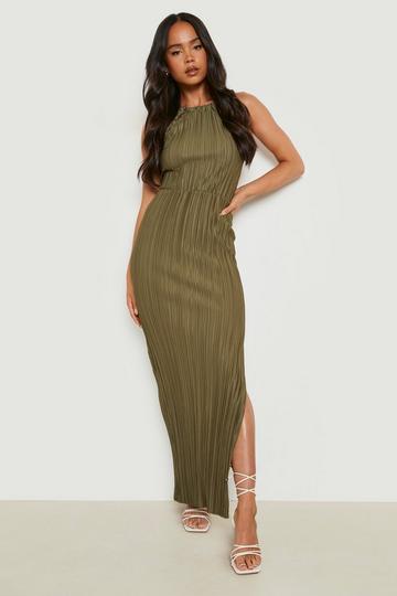 Petite Plisse Pleated Thigh Split Maxi Dress khaki