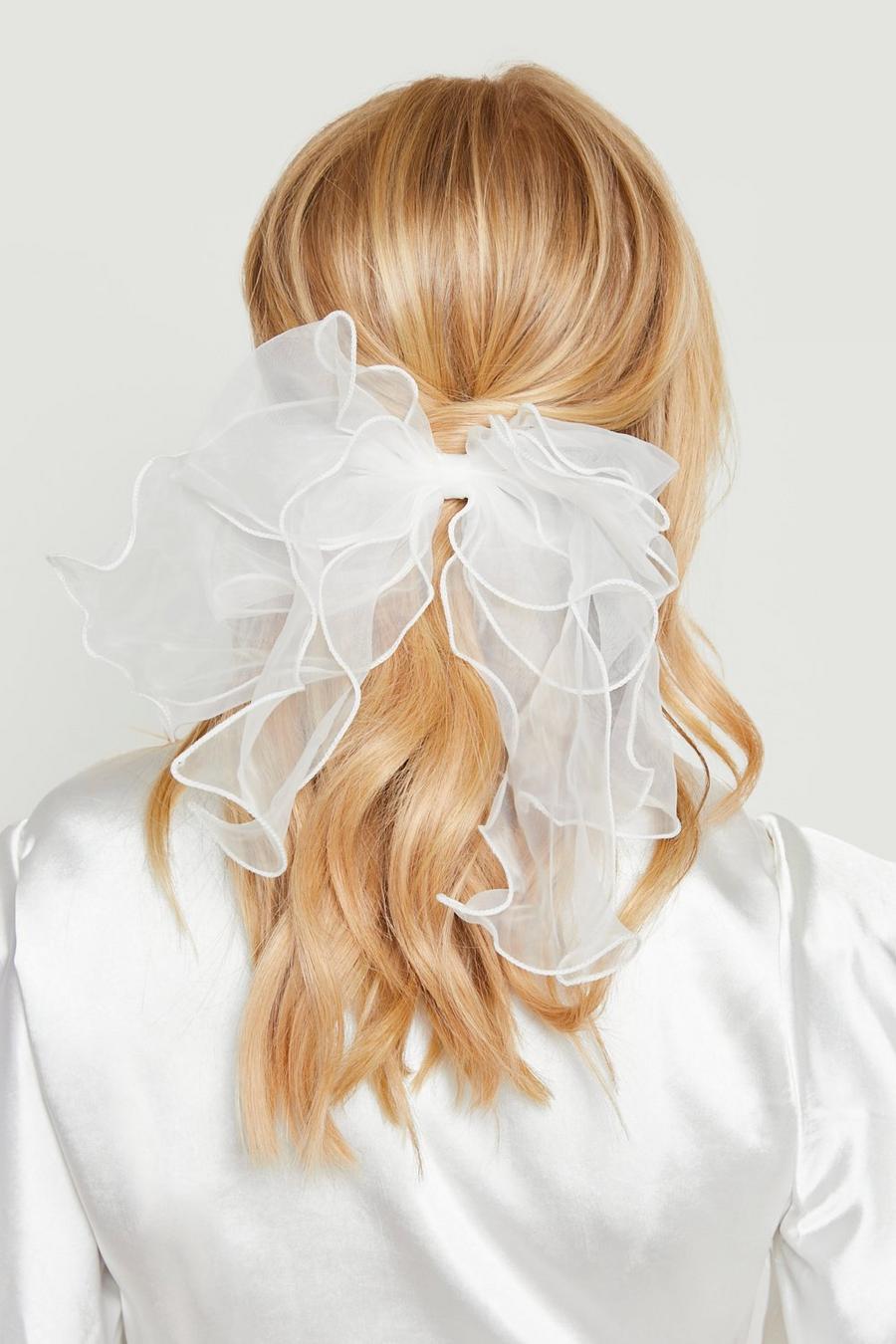 Fermaglio per capelli da sposa con fiocco oversize in organza, White blanco