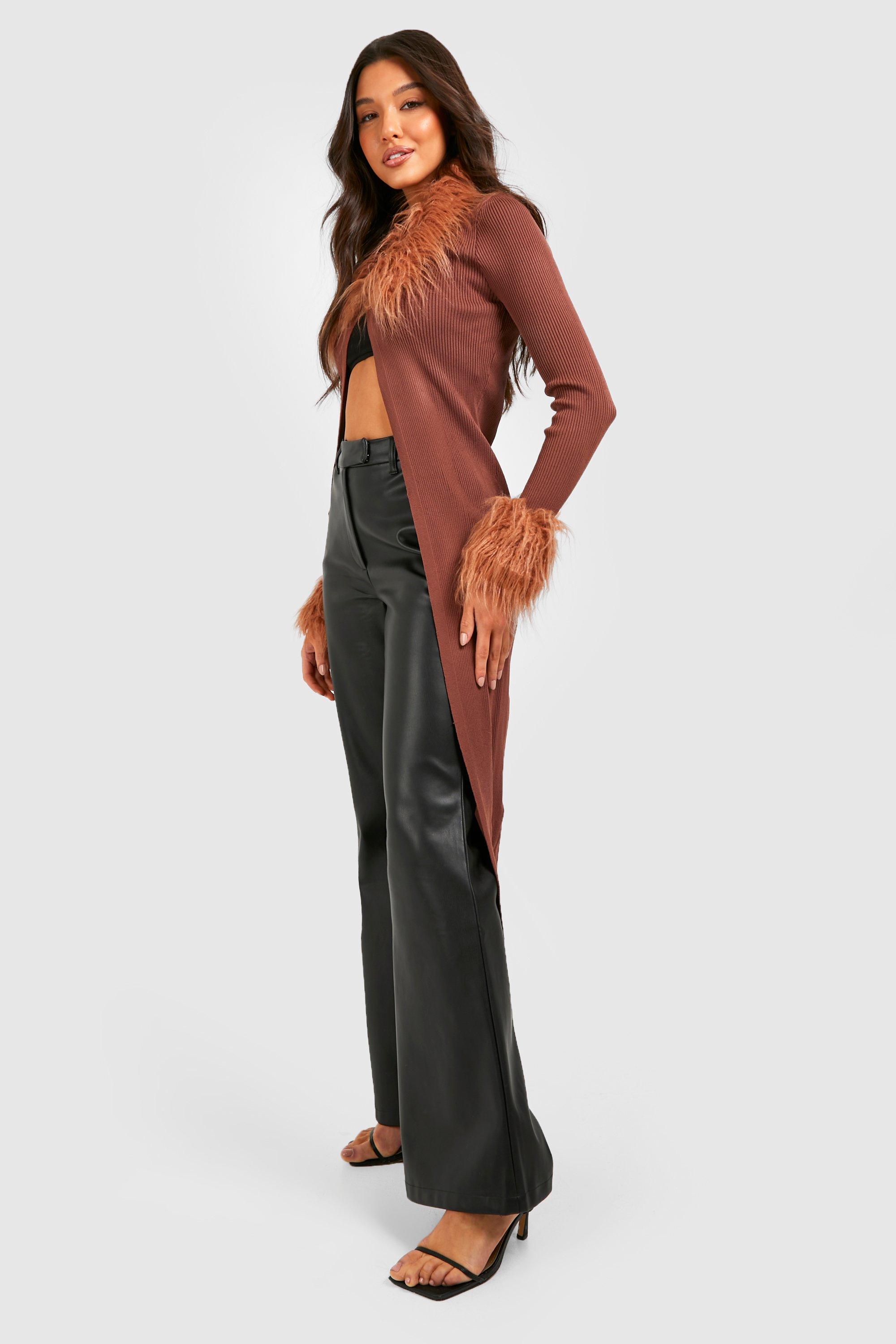 Faux Fur Trim Rib Knit Maxi Cardigan boohoo