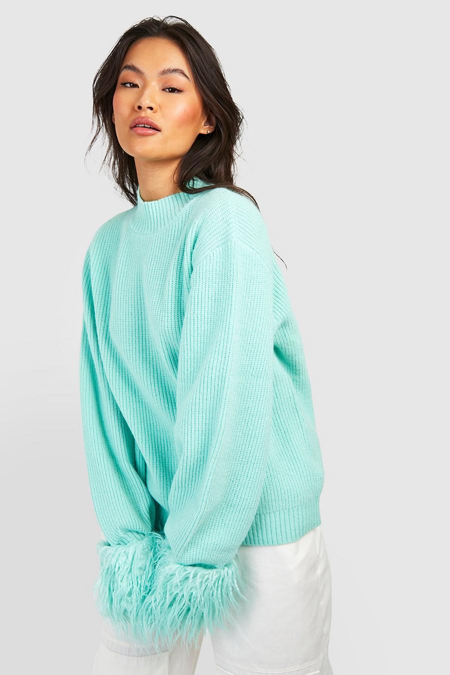 Green Faux Fur Trim Sweater image number 1