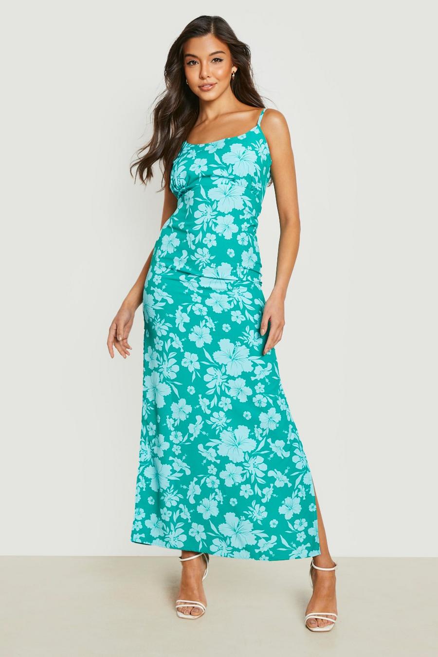 Green Floral Printed Satin Slip Dress 