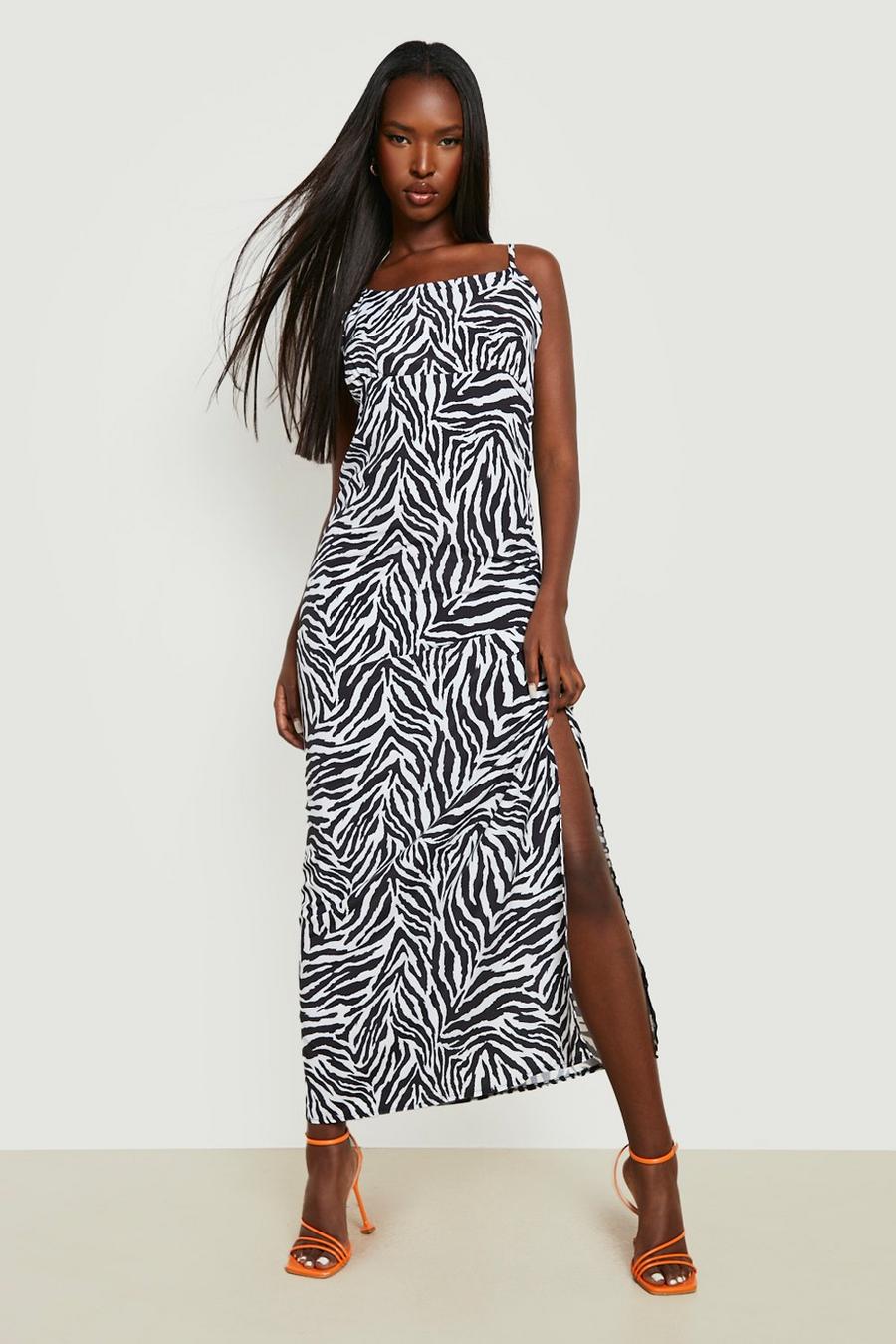 Black Zebra Printed Satin Slip Dress