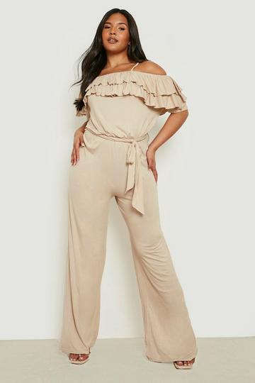 Stone Beige Plus Ruffle Bardot Wide Leg Jumpsuit