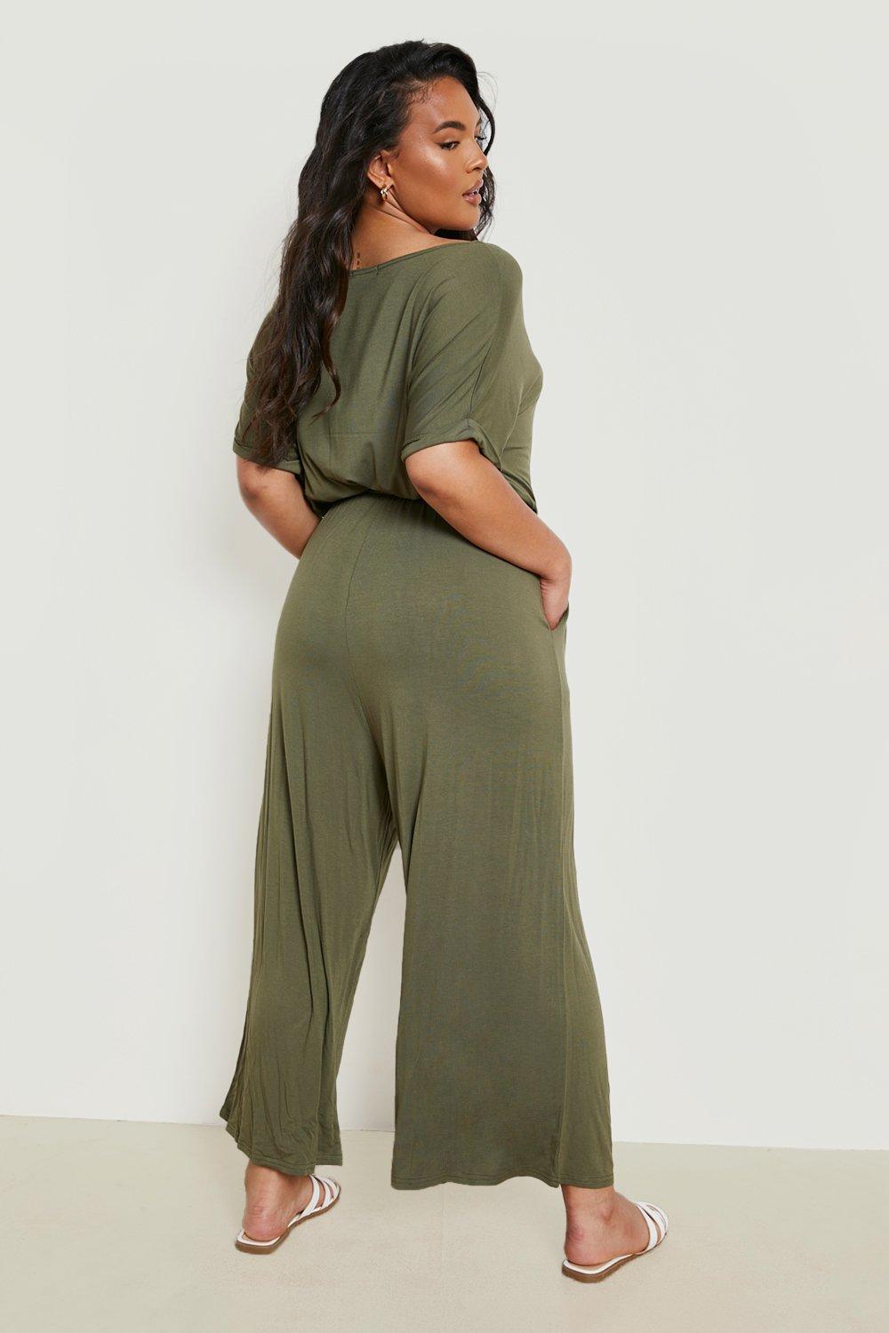 Plus Button Through Tie Waist Jumpsuit | boohoo