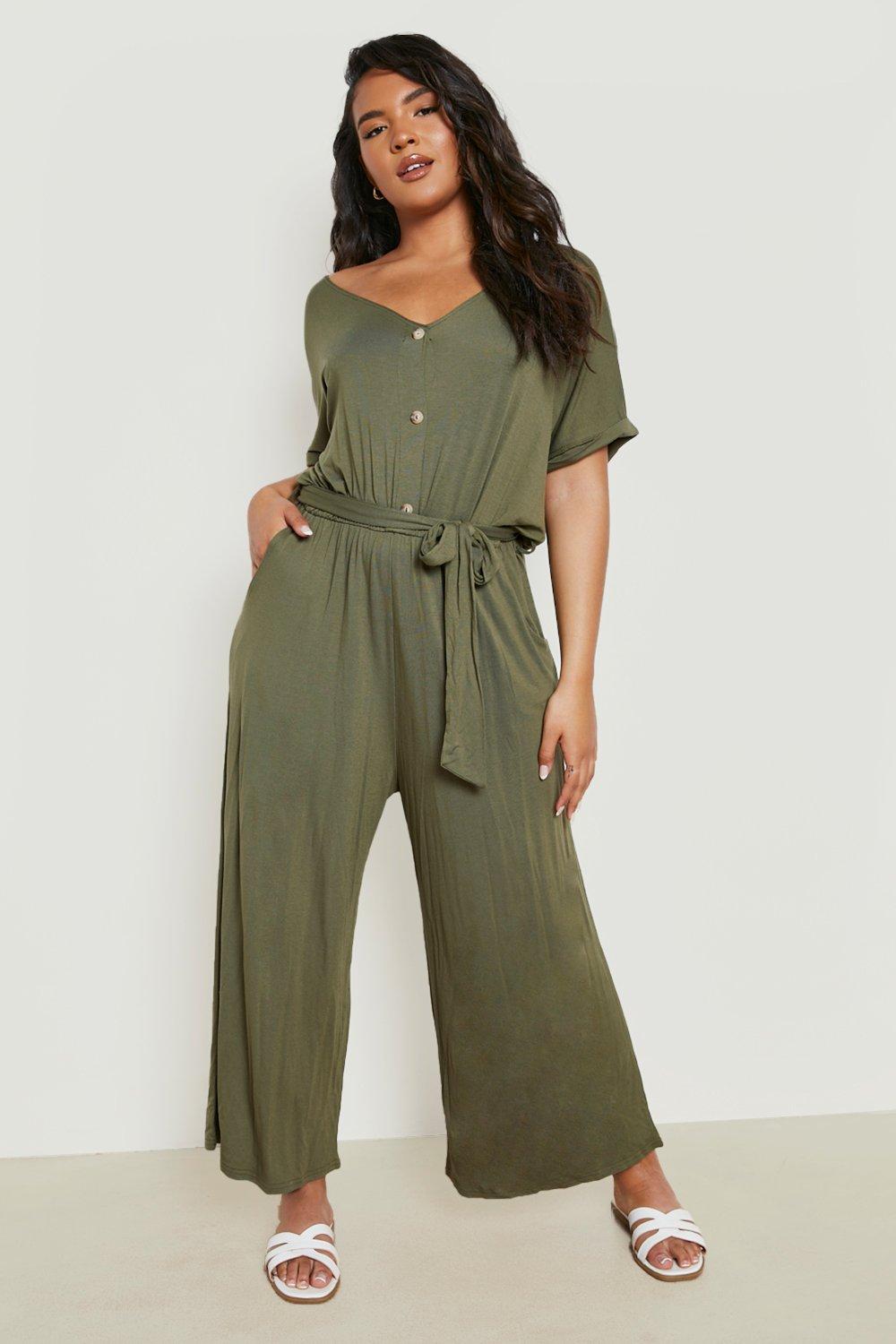 Plus Button Through Tie Waist Jumpsuit