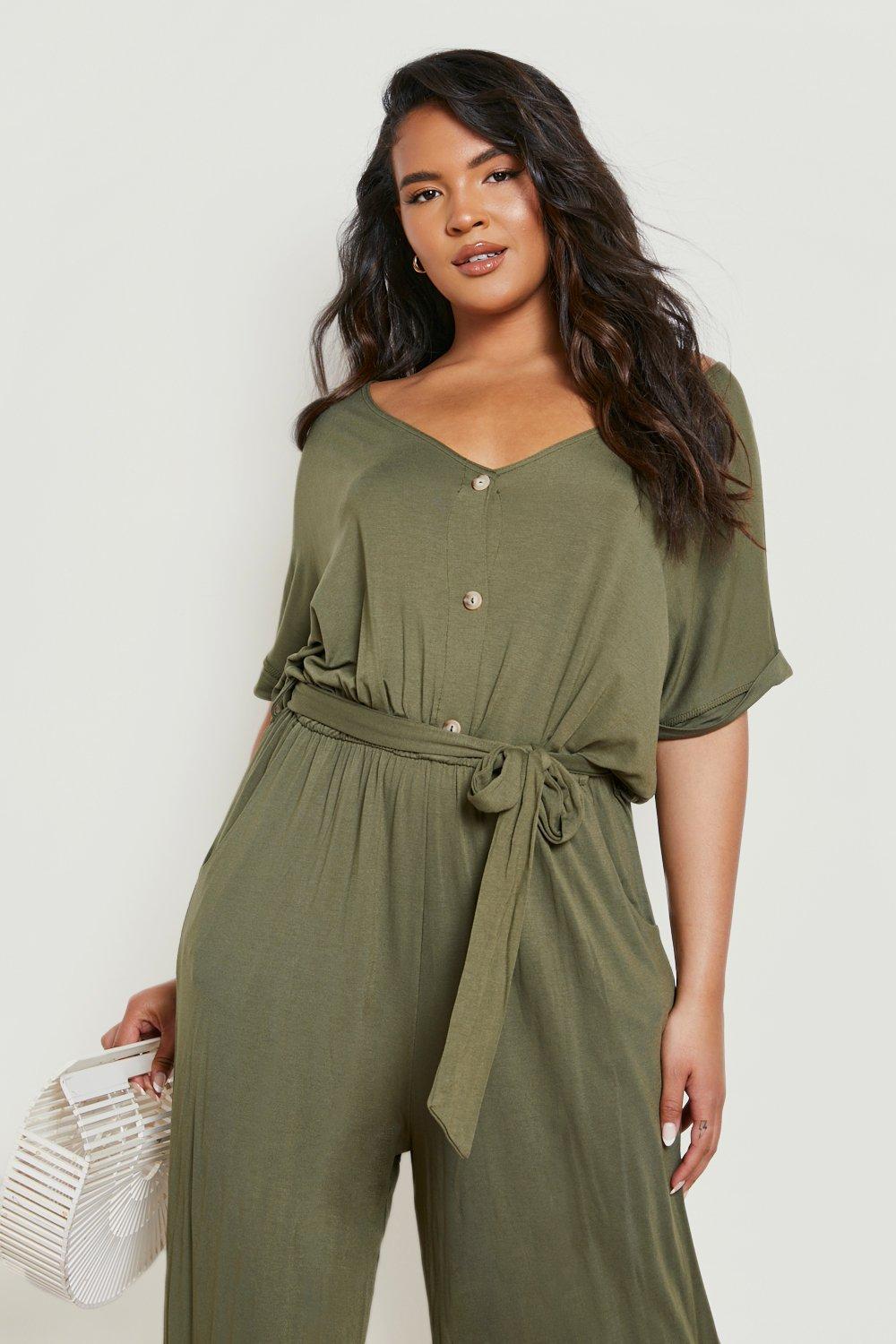 Plus Button Through Tie Waist Jumpsuit | boohoo