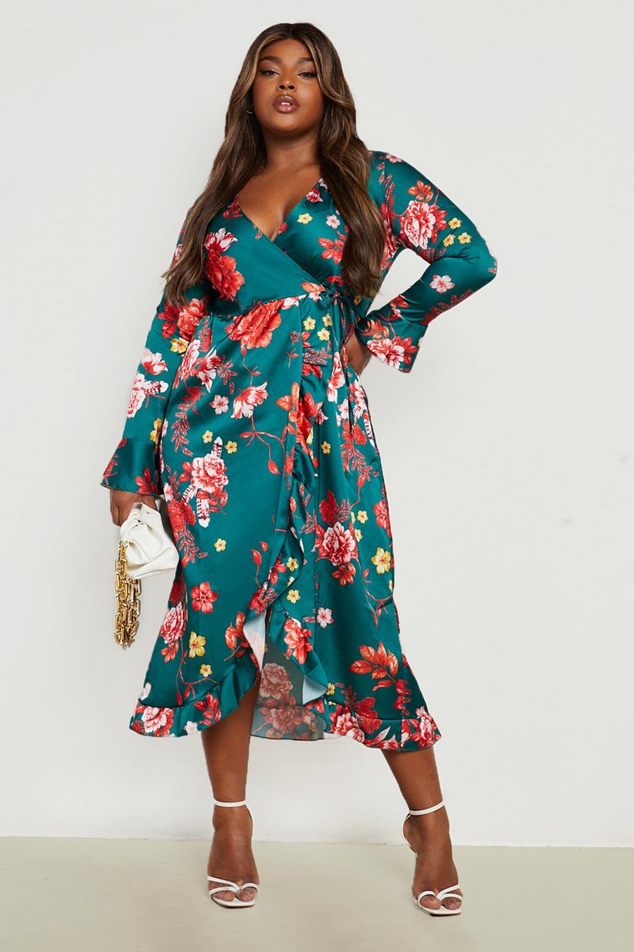 Green Plus Floral Ruffle Wrap Dress image number 1