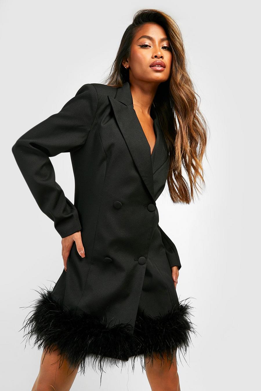 Black Feather Hem Tailored Blazer Dress image number 1