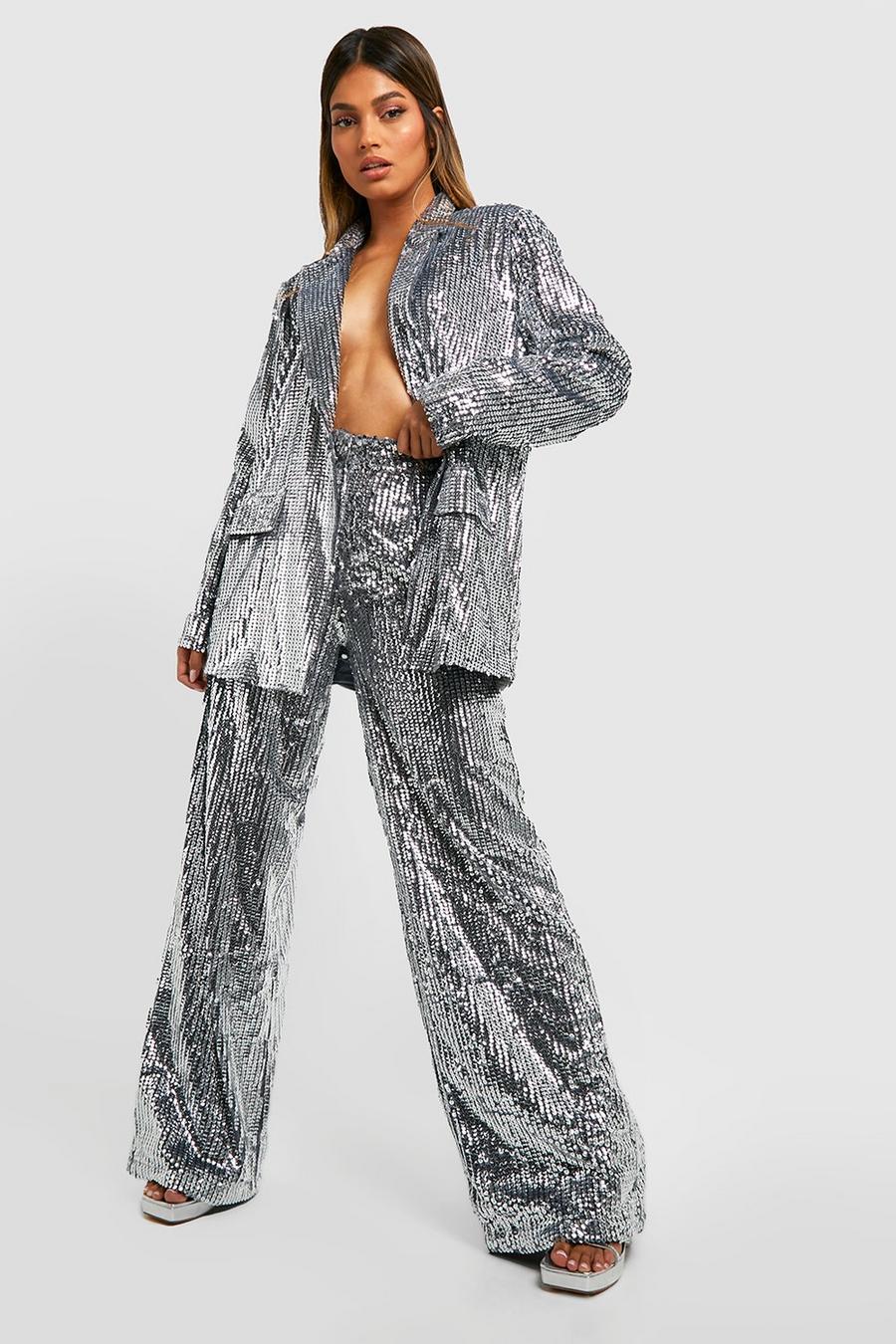 Silver Sequin Wide Leg Tailored Pants image number 1