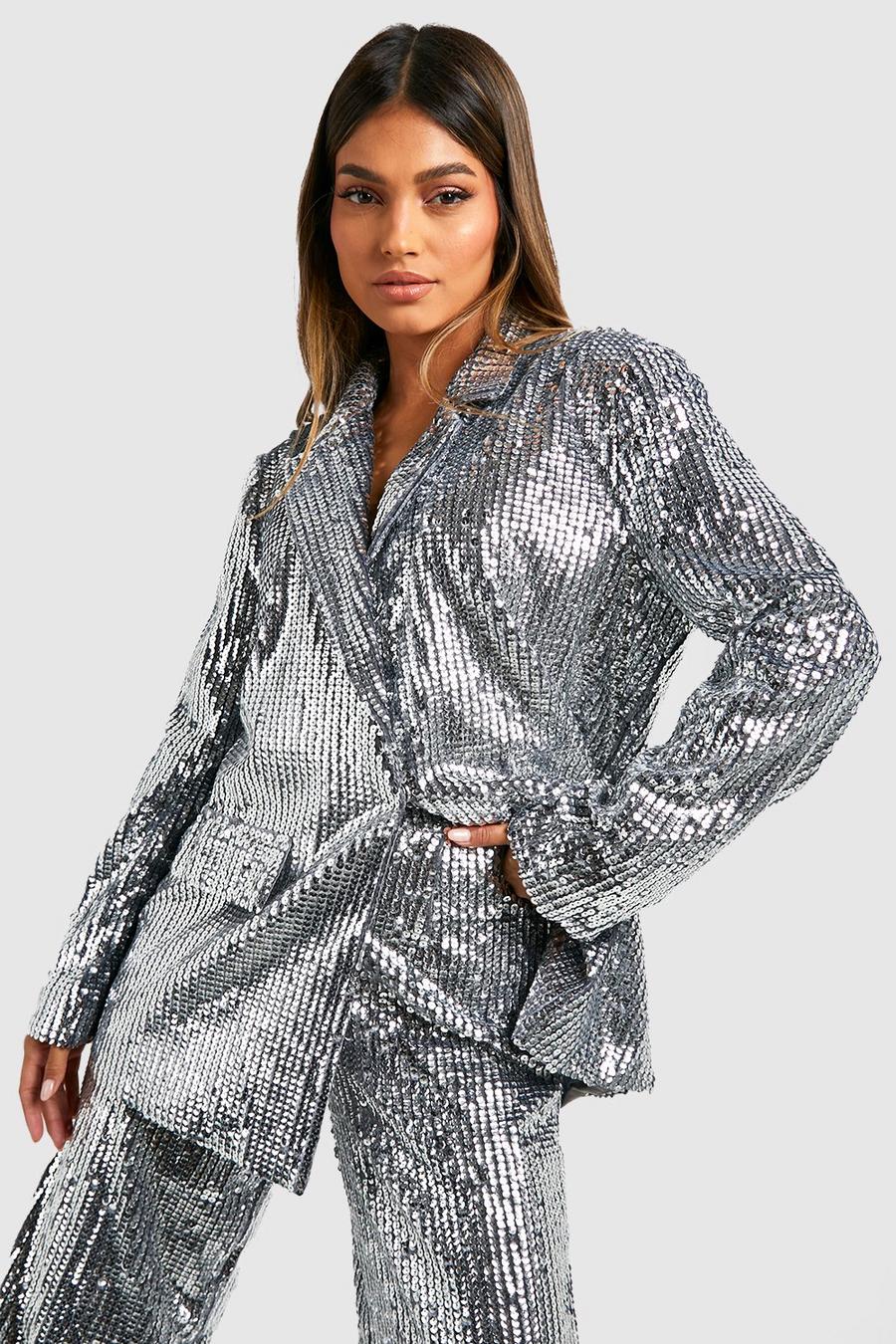 Women's Silver Sequin Relaxed Fit Tailored Blazer | Boohoo UK