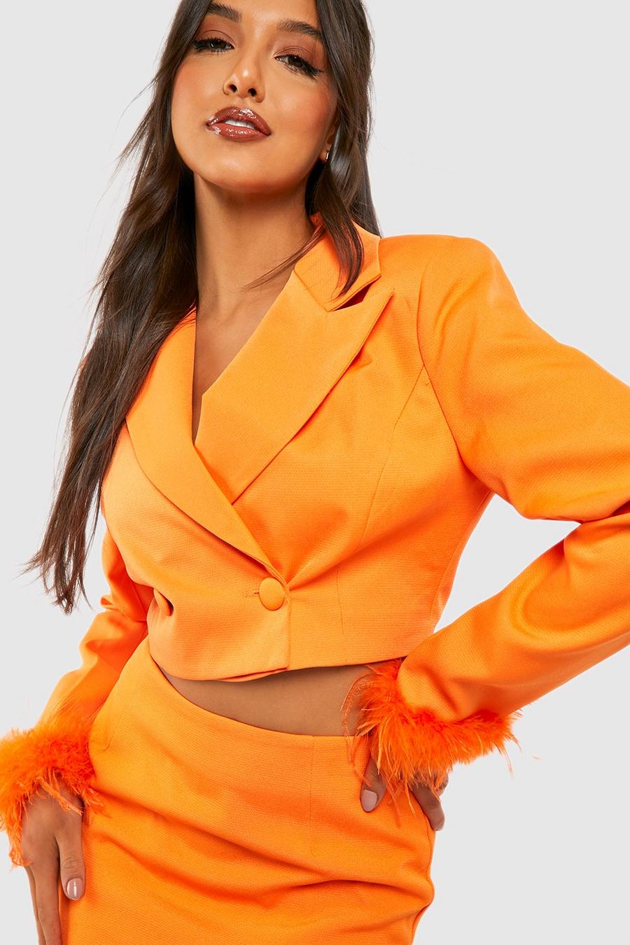 Orange Feather Hem Cropped Tailored Blazer