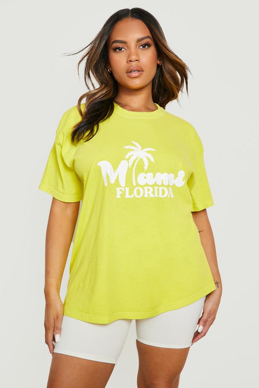 Grande taille - T-shirt fluo surteint à imprimé Miami, Lime vert