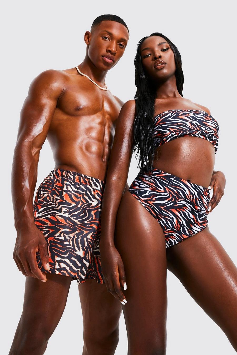 Black His & Hers Tiger Bandeau Hipster Bikini Set image number 1