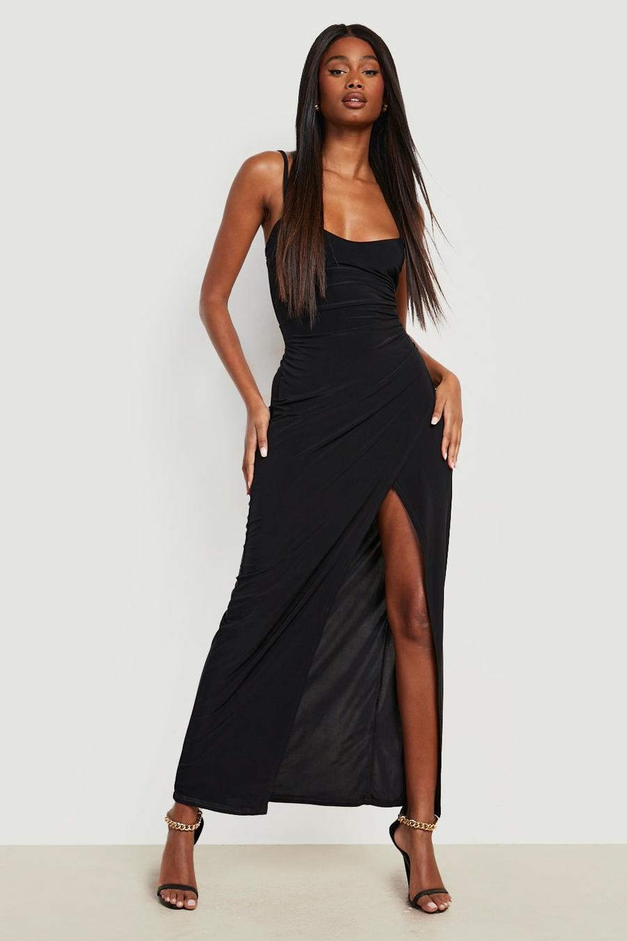 Black Strappy Wrap Front Slinky Maxi Dress image number 1