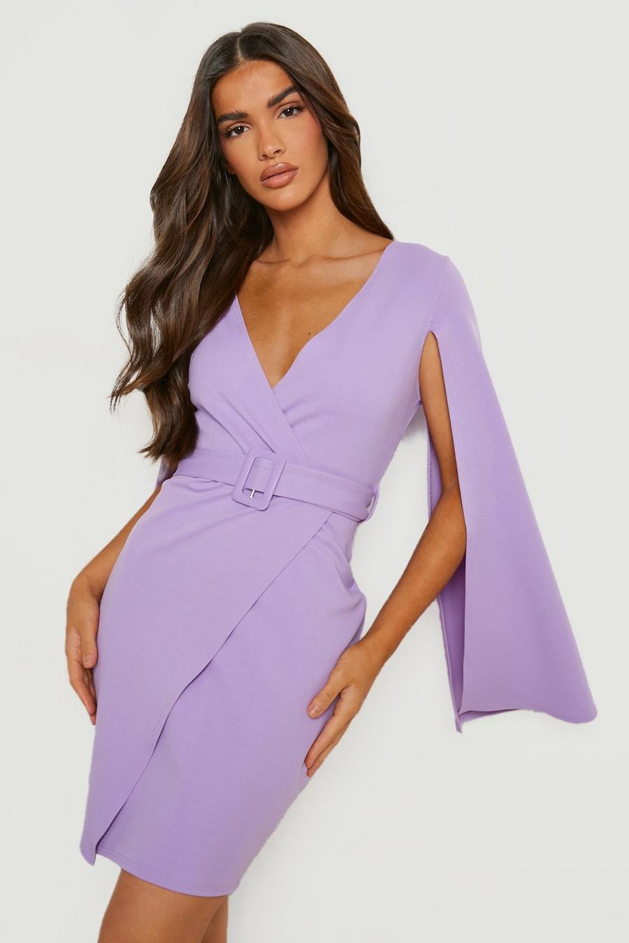 Lilac purple Cape Sleeve Belted Mini Blazer Dress