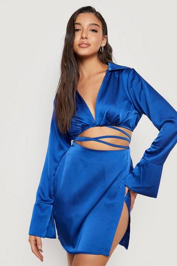 Satin Tie Crop & Wrap Mini Skirt cobalt