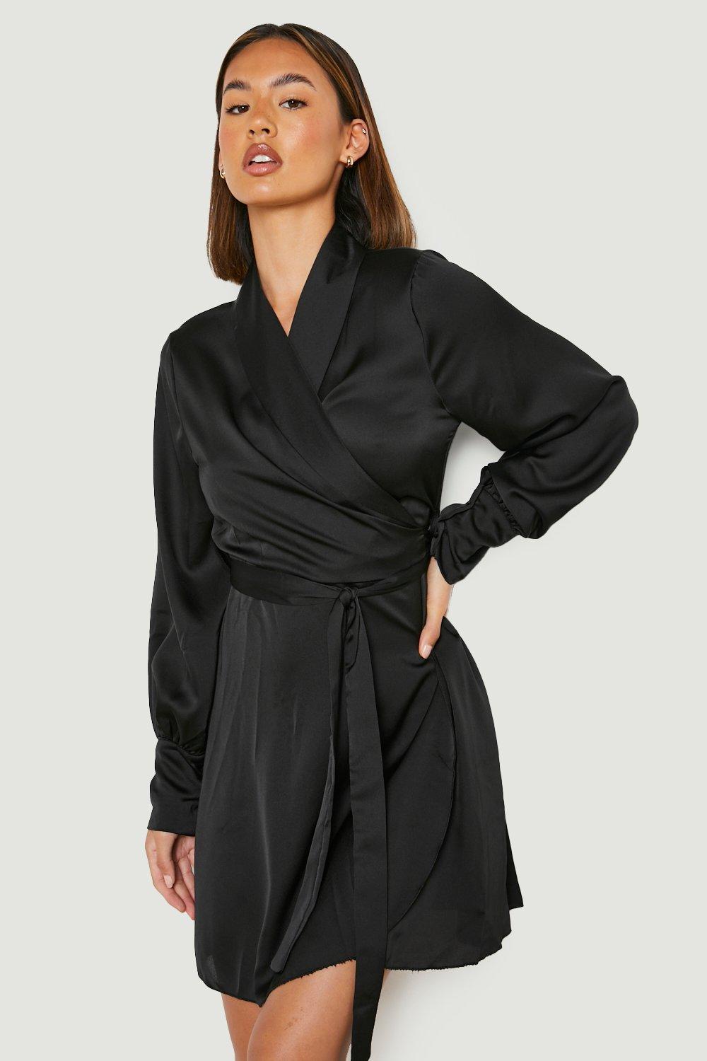 Dollar frills wrap front satin mini dress hotsell in black