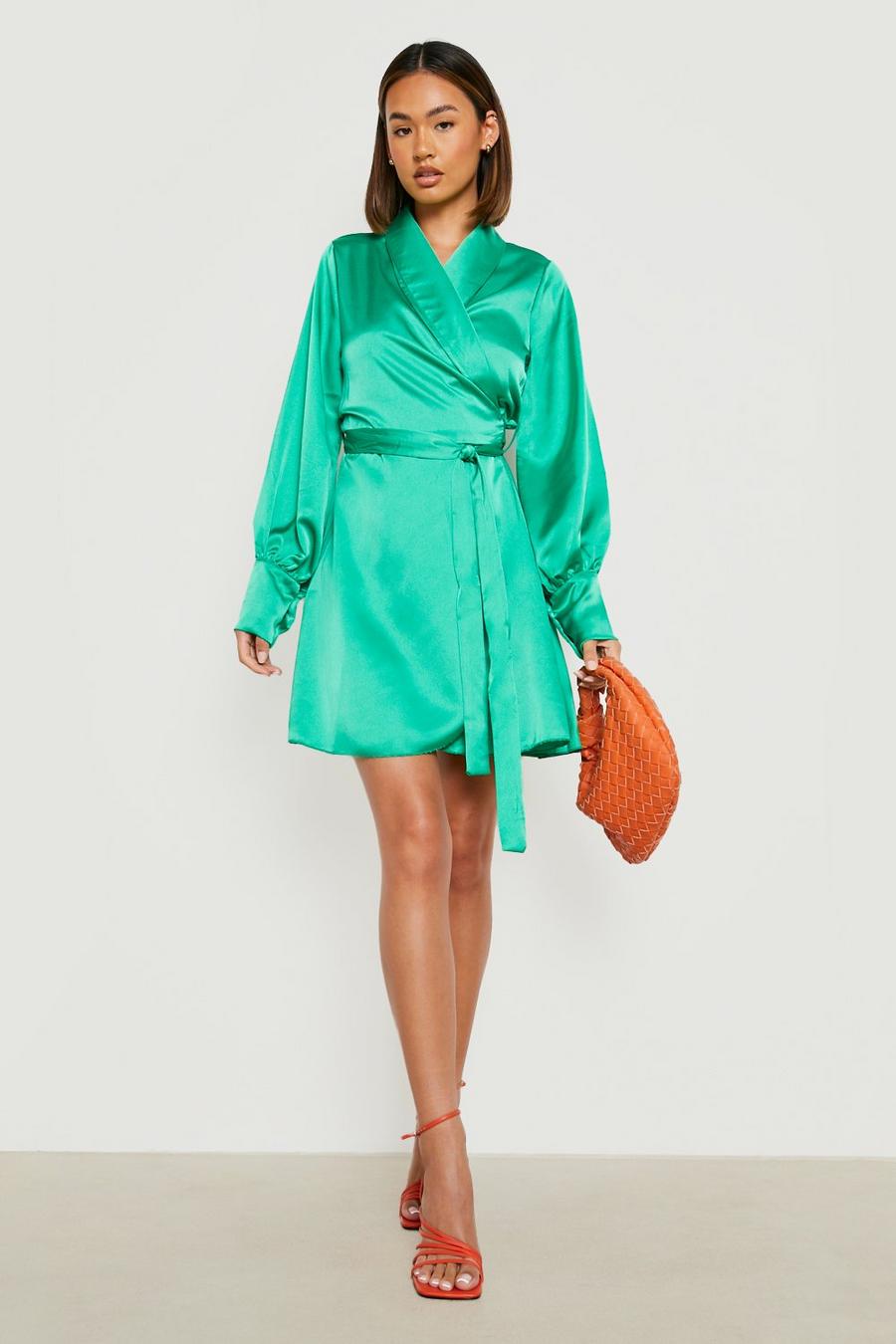 Bright green Satin Ruffle Wrap Mini Dress image number 1