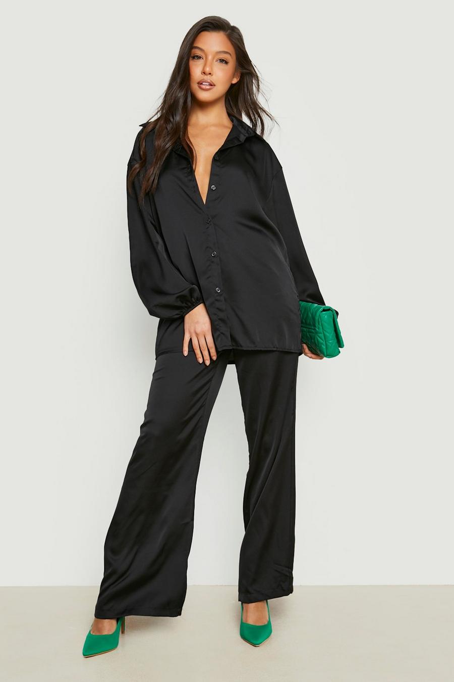 Black Satin Relaxed Fit Shirt & Wide Leg Pants image number 1