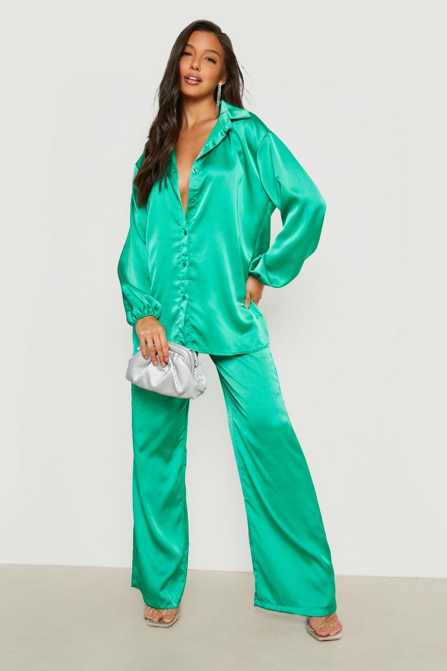 ASOS DESIGN satin shirt & pants pajama set with contrast piping in emerald  green