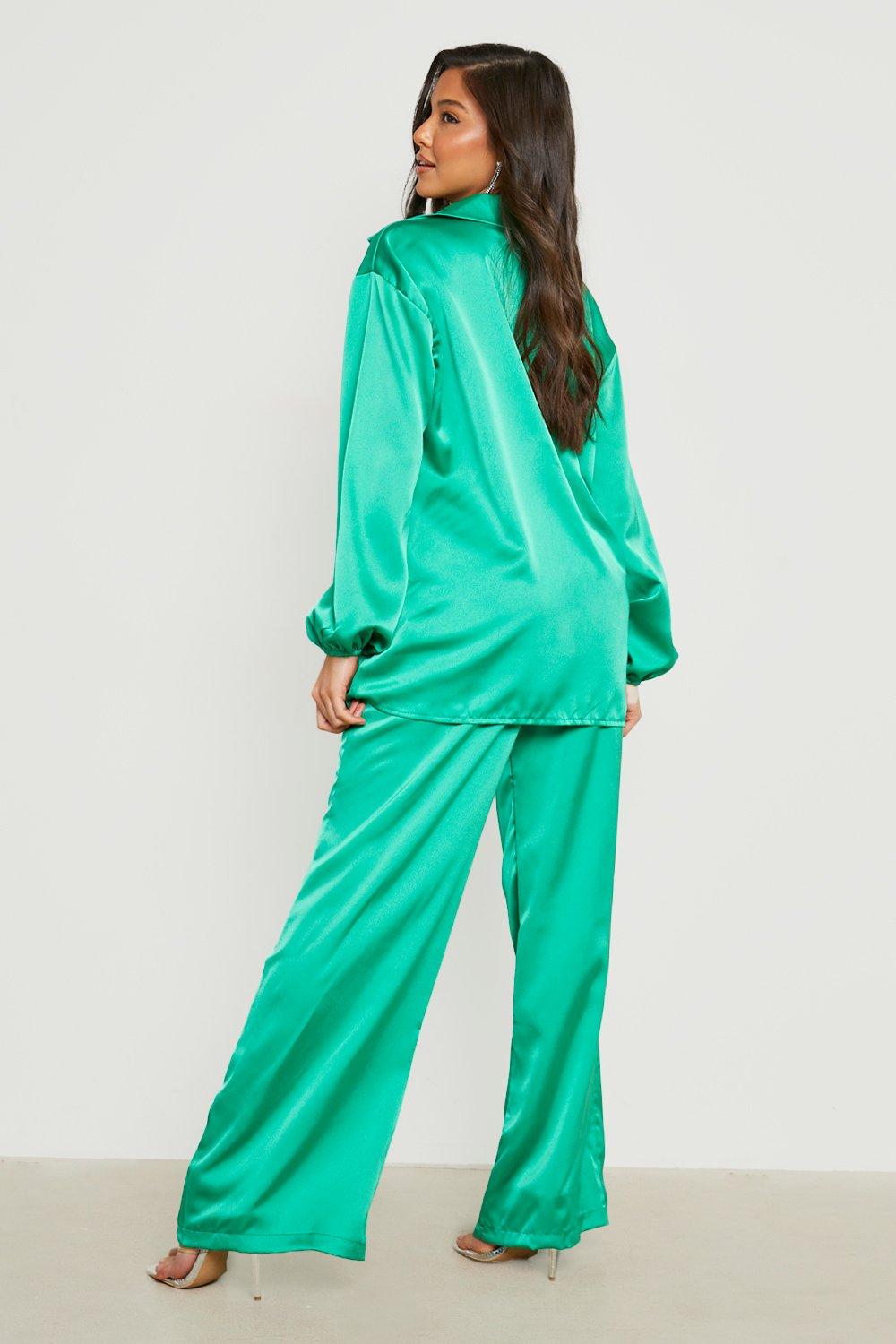 ASOS Tall ASOS DESIGN Tall satin shirt & pants pajama set with contrast  piping in emerald green - ShopStyle Pyjamas