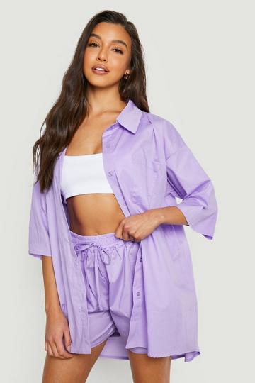 Lilac Purple Cotton Poplin Oversized Shirt & Shorts Set