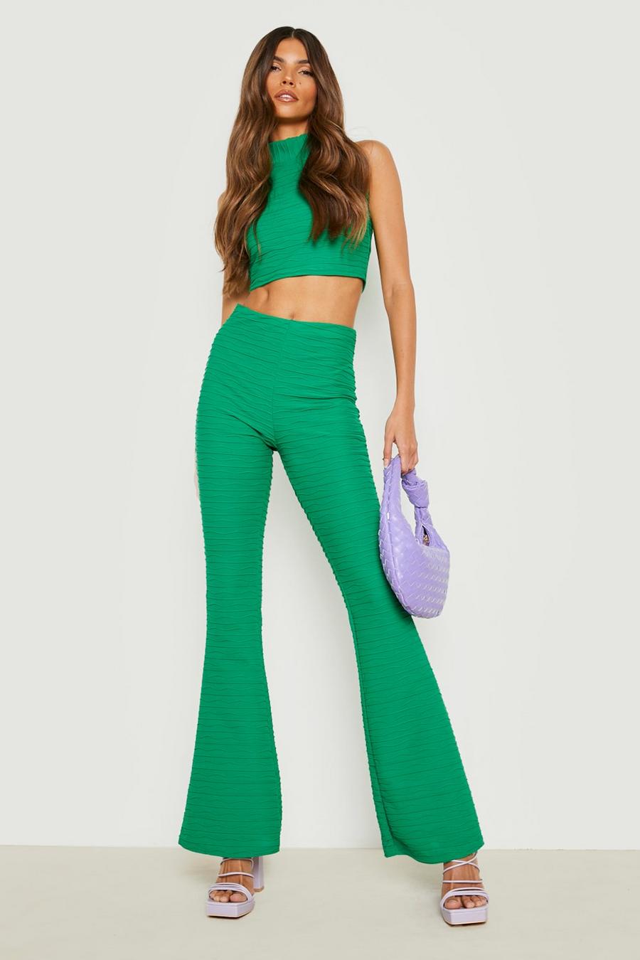 Bright green Pleated Jersey Racer Crop & Skinny Flare image number 1
