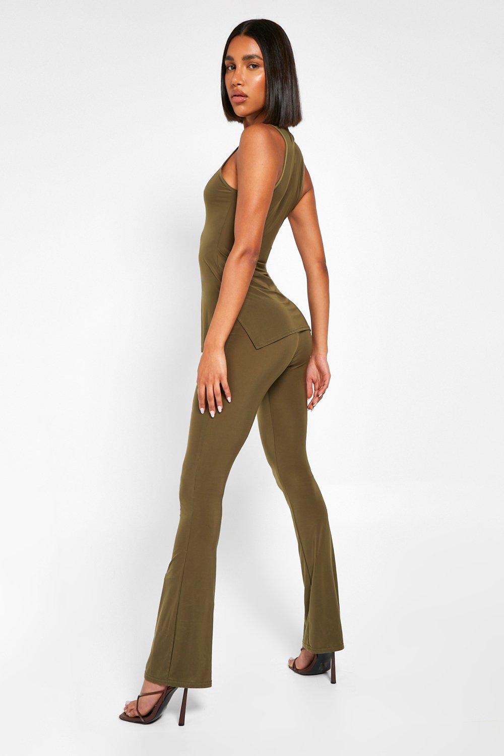 Khaki Slinky Flared Pants, Pants