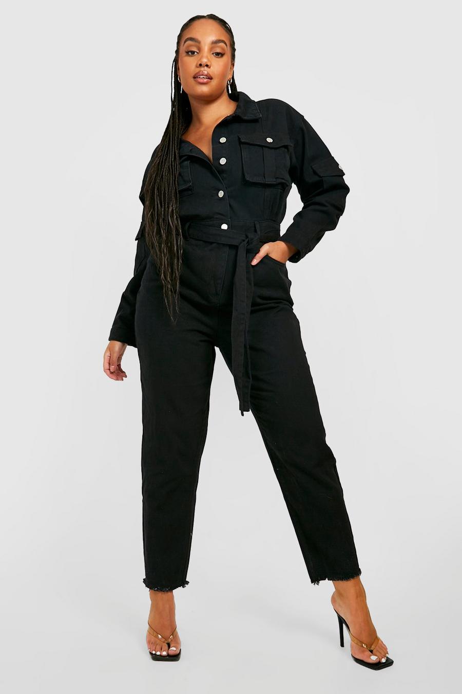 שחור סרבל ארוך מבד ג'ינס בסגנון קרגו עם חגורה וגזרת קרסול צרה, מידות גדולות