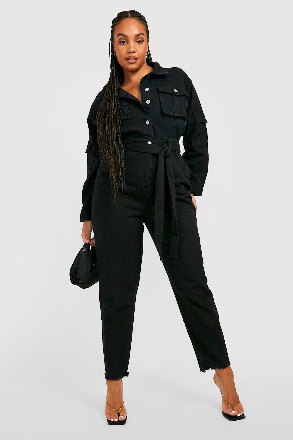 Plus Size Black Coated Denim Cargo Overalls