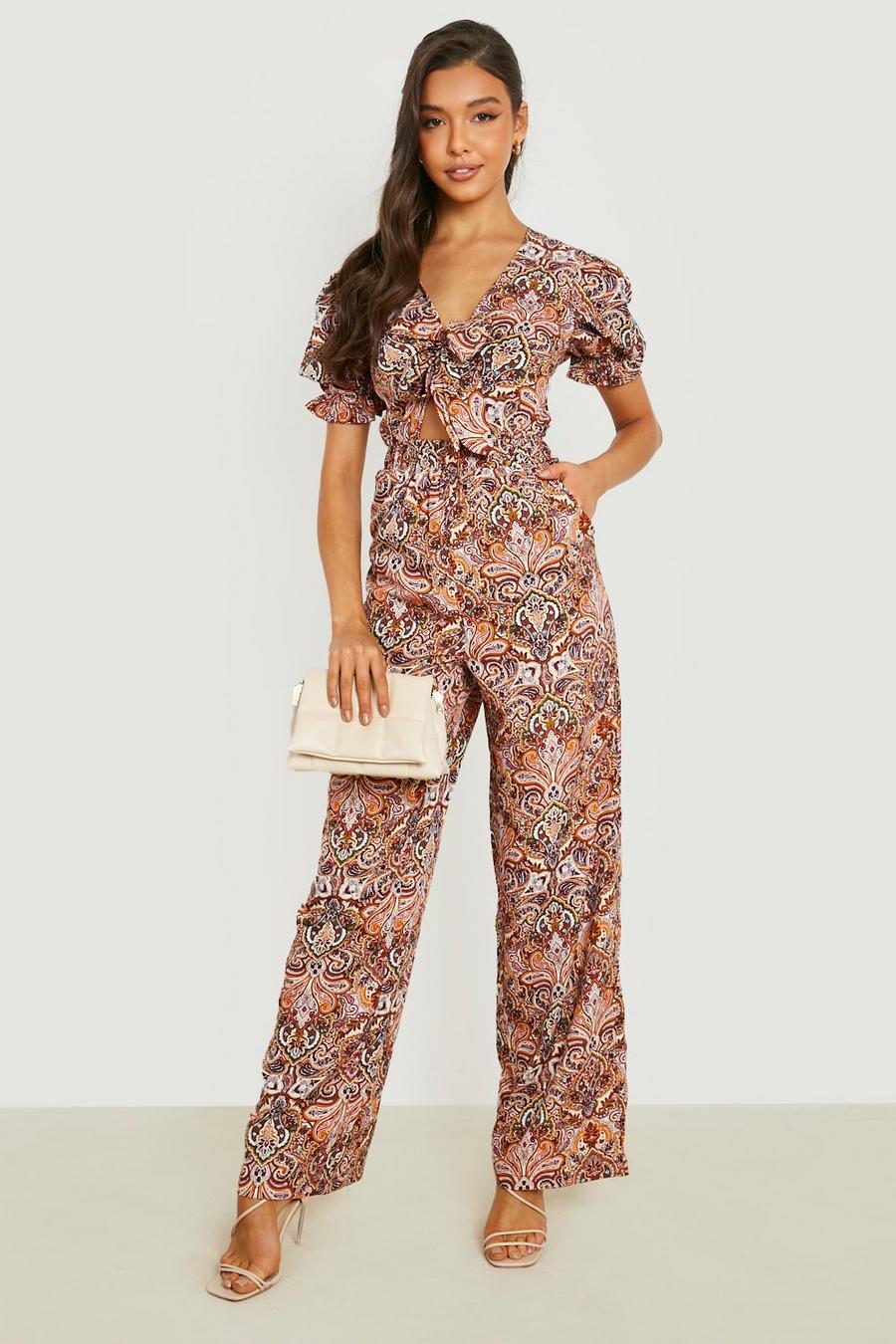 Brown Paisley Knot Front Jumpsuit image number 1