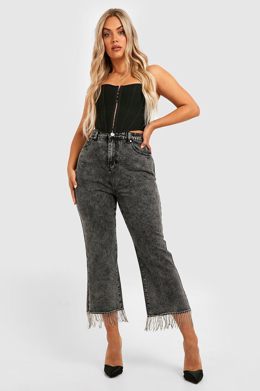 Jeans a zampa Plus Size a vita alta con frange e strass