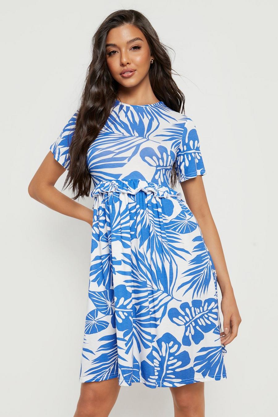 Blue Hawaiian Print Ruffle Smock Dress image number 1
