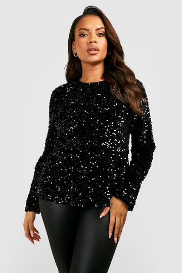 Plus Sequin Long Sleeved Peplum Top black