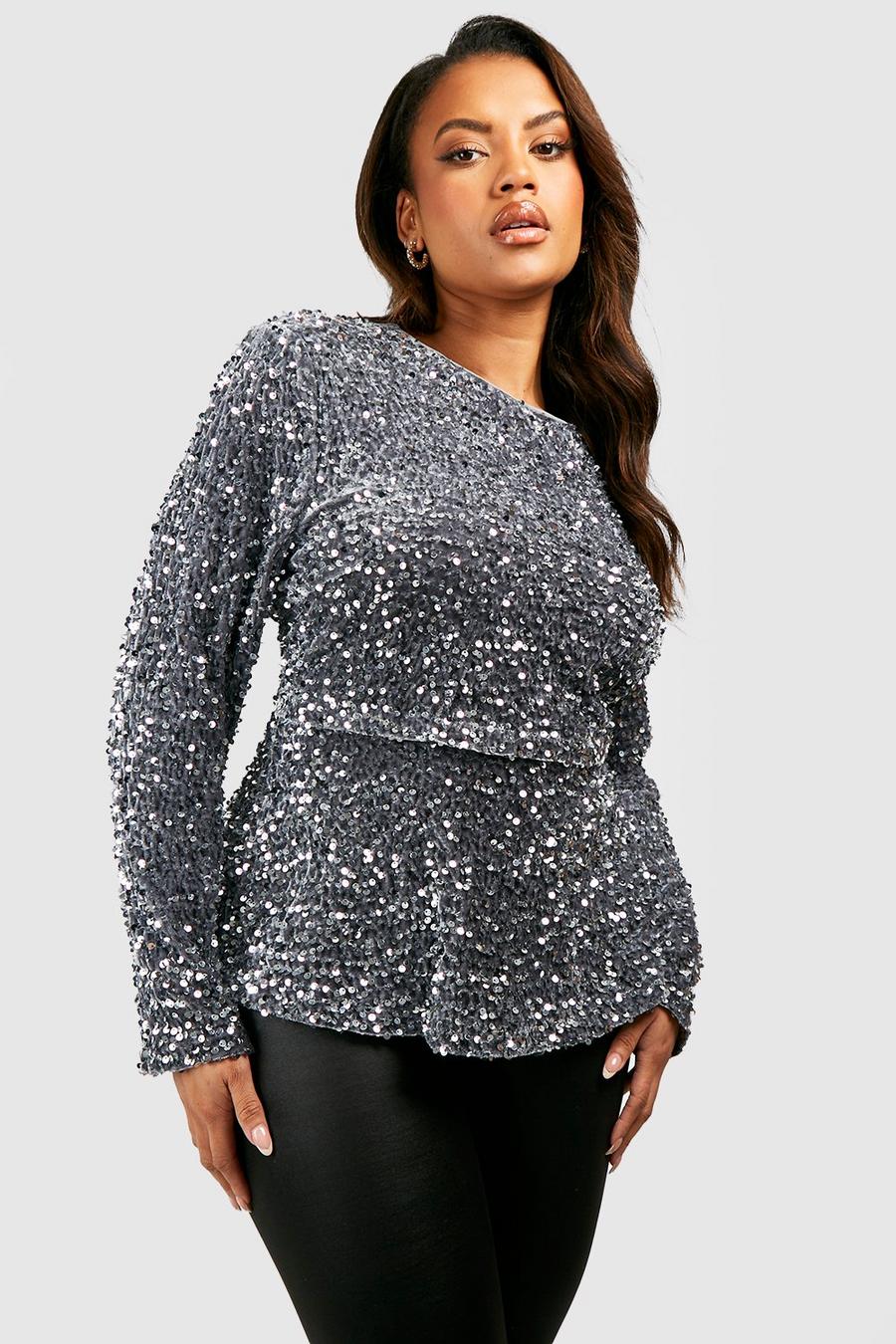 Silver Plus Sequin Long Sleeved Peplum Top image number 1