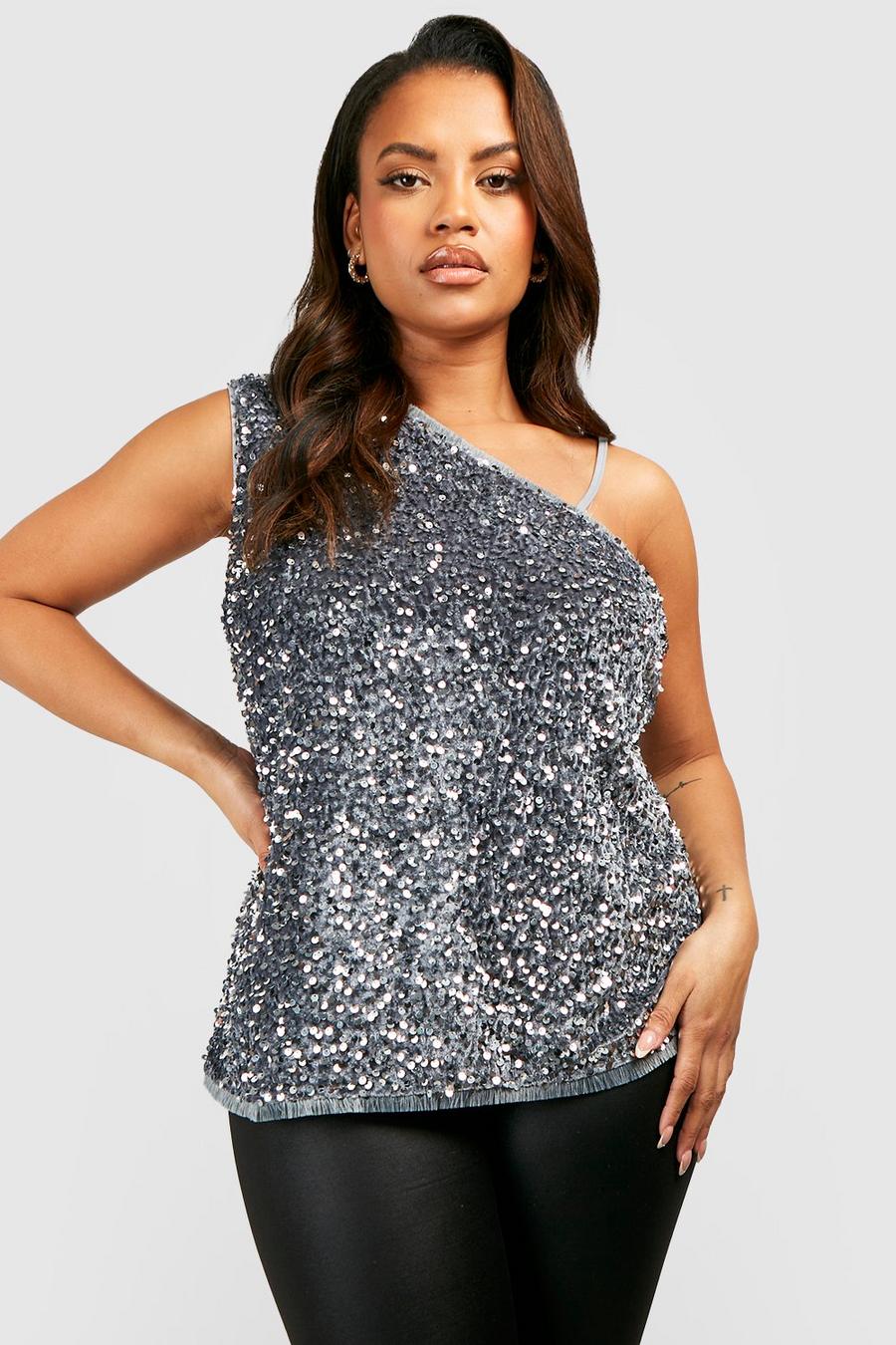 Silver Plus Off The Shoulder Sequin Asymmetric Top image number 1
